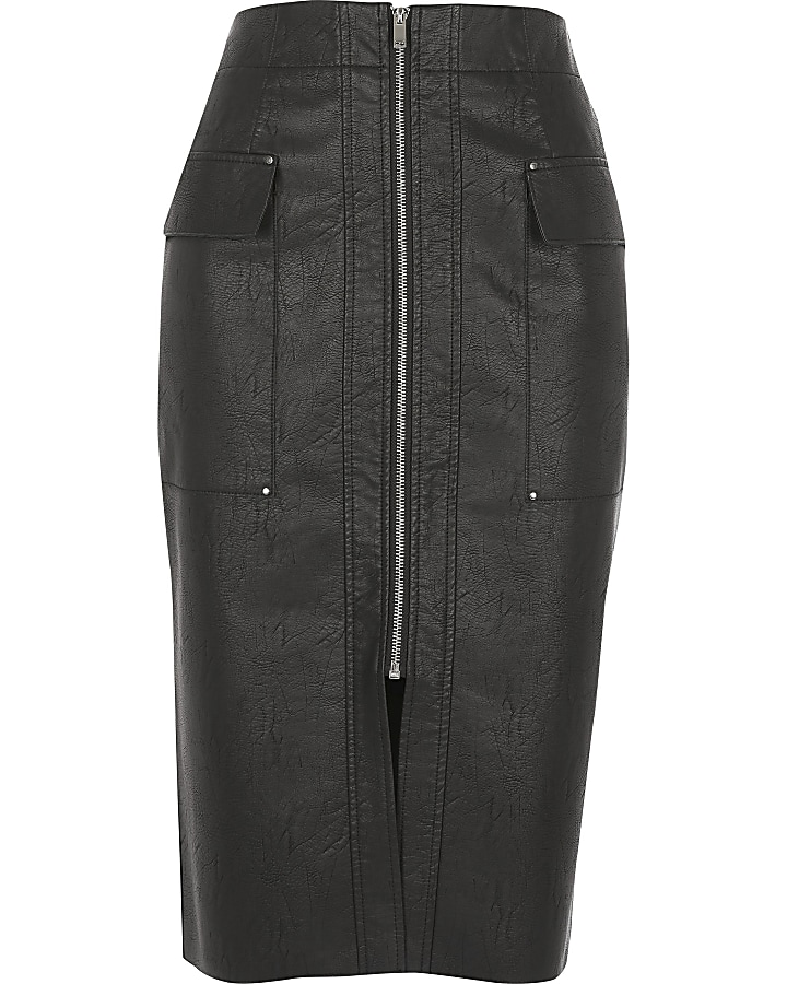 Black faux leather utility pencil skirt