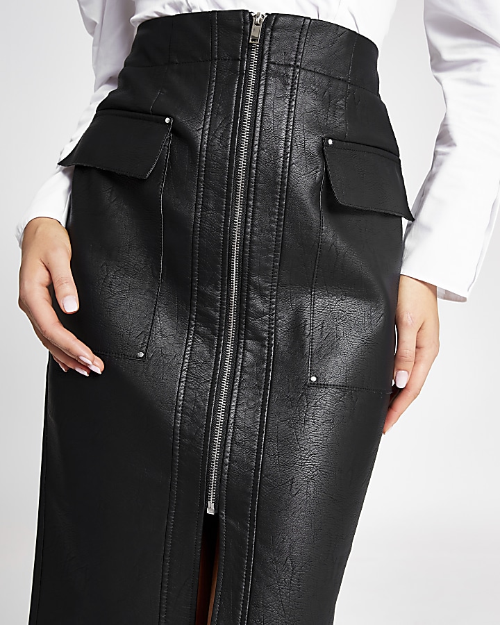 Black faux leather utility pencil skirt