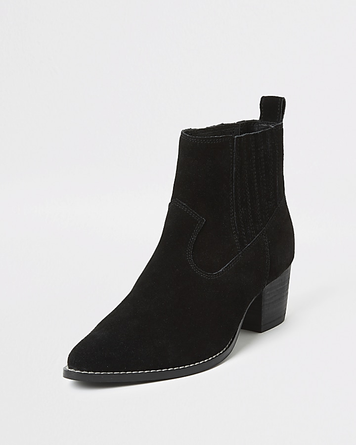 Black suede western ankle heeled boots