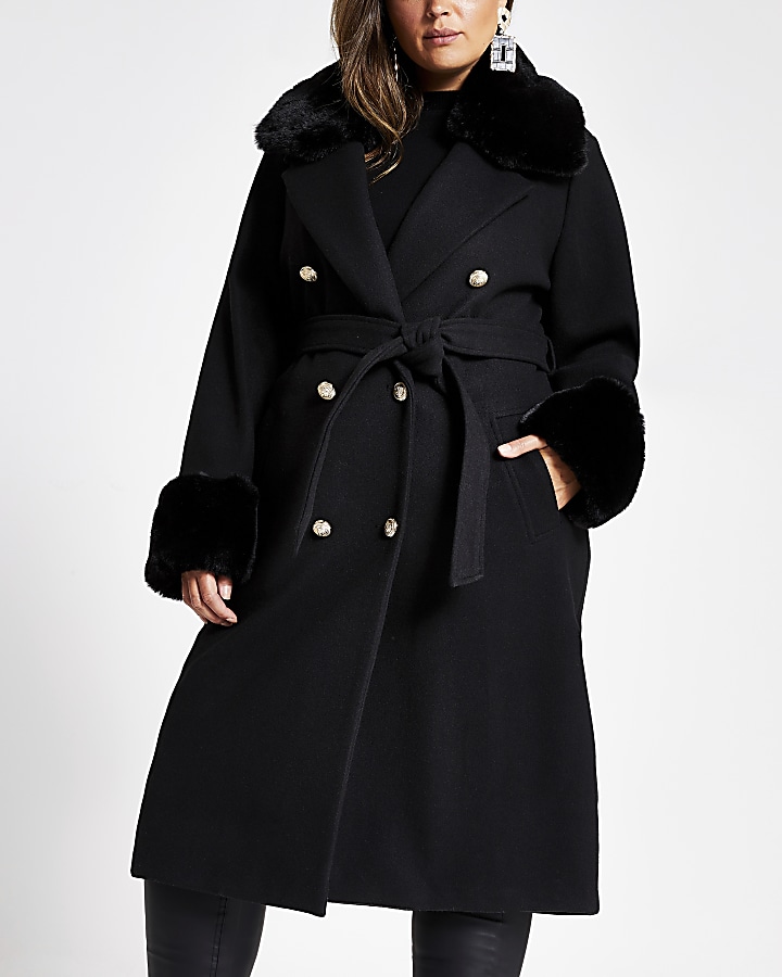 Plus black faux fur collar belted coat