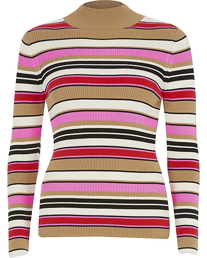 Pink stripe high neck long sleeve knitted top