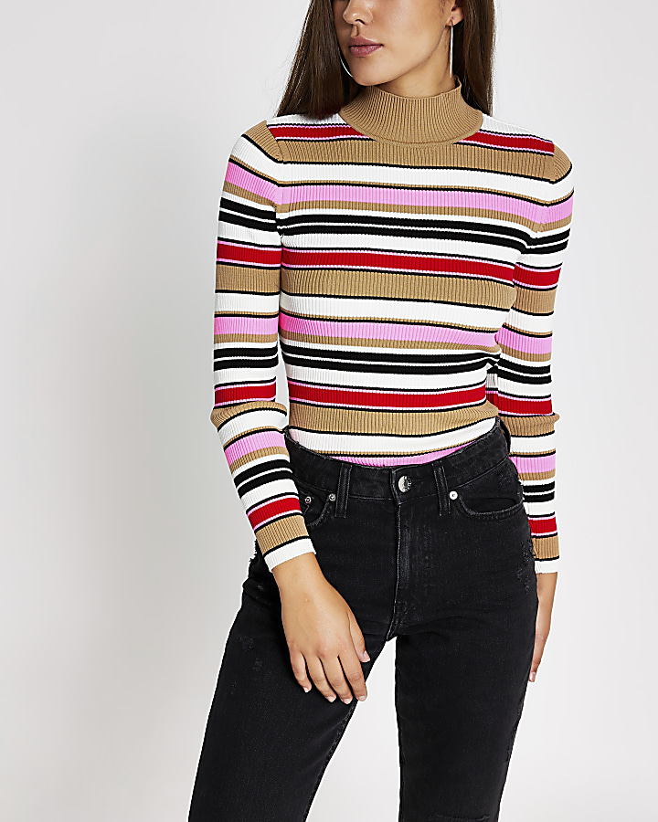 Pink stripe high neck long sleeve knitted top
