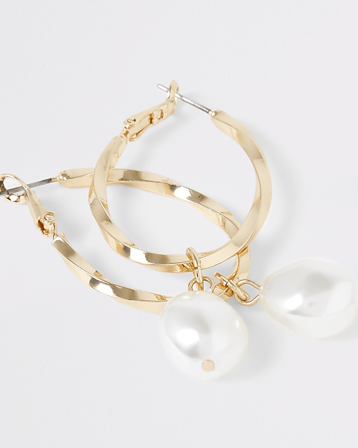 Gold colour pearl twist hoop earrings