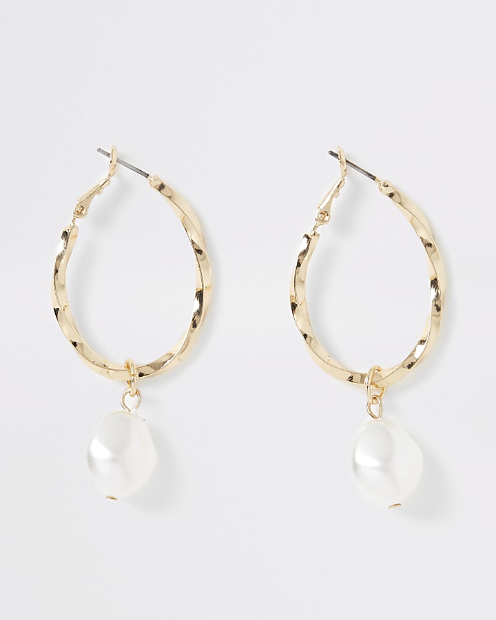 Gold colour pearl twist hoop earrings