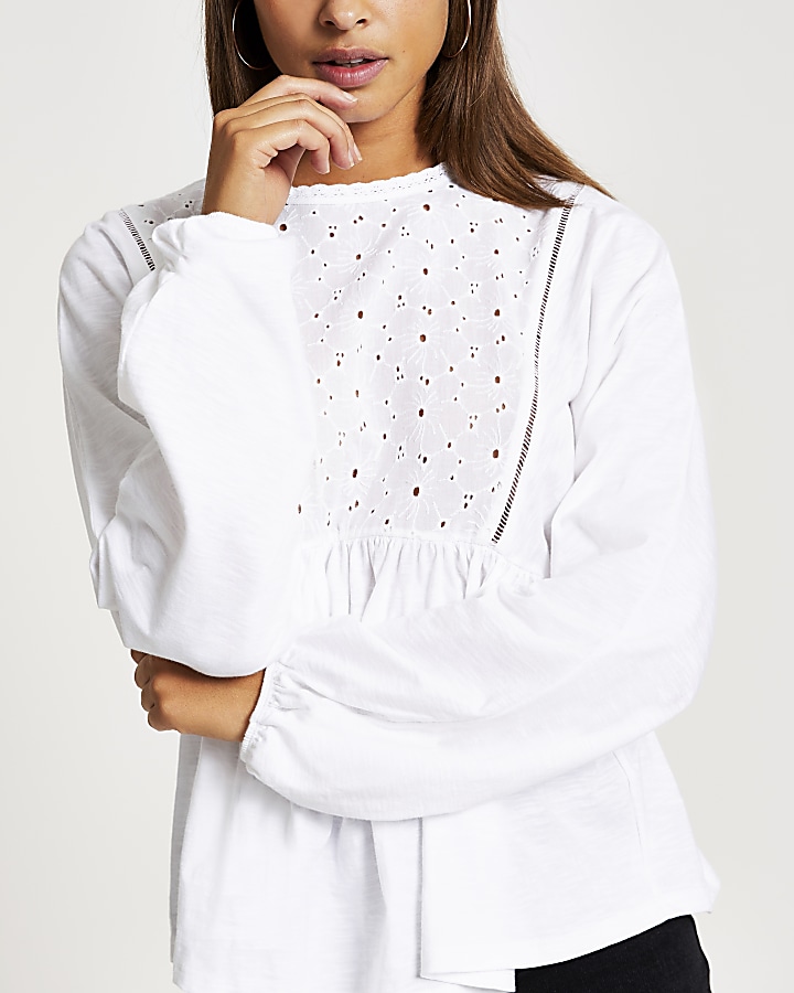 White broderie long sleeve top