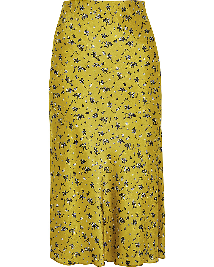Petite yellow floral bias cut midi skirt