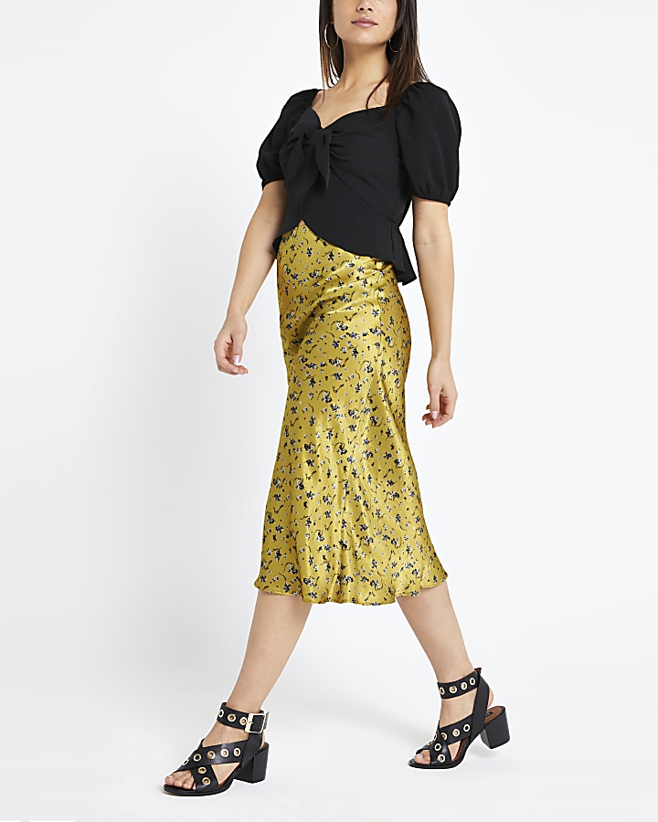 Petite yellow floral bias cut midi skirt
