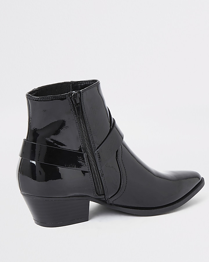 Black patent western buckle boots