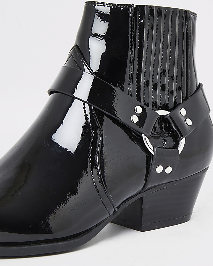 Black patent western buckle boots