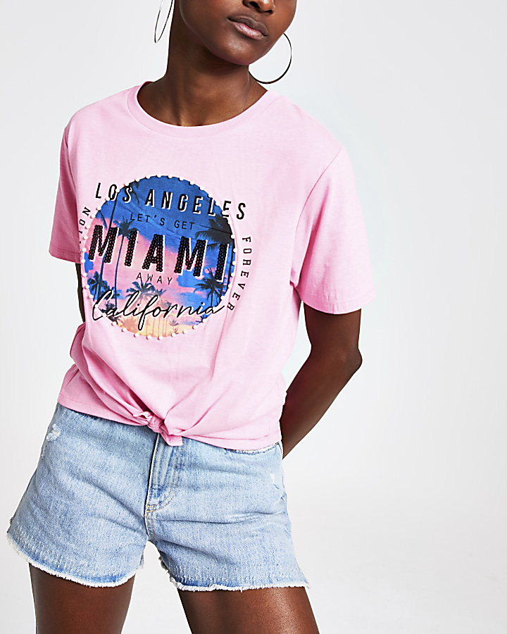 Pink sequin print knot front T-shirt