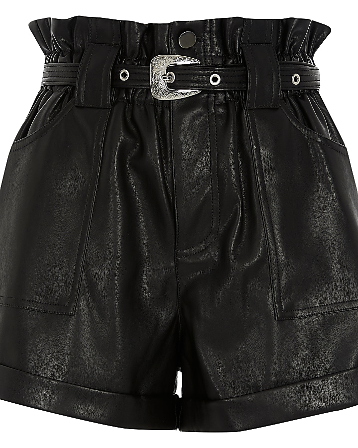 Black belted faux leather Mom shorts