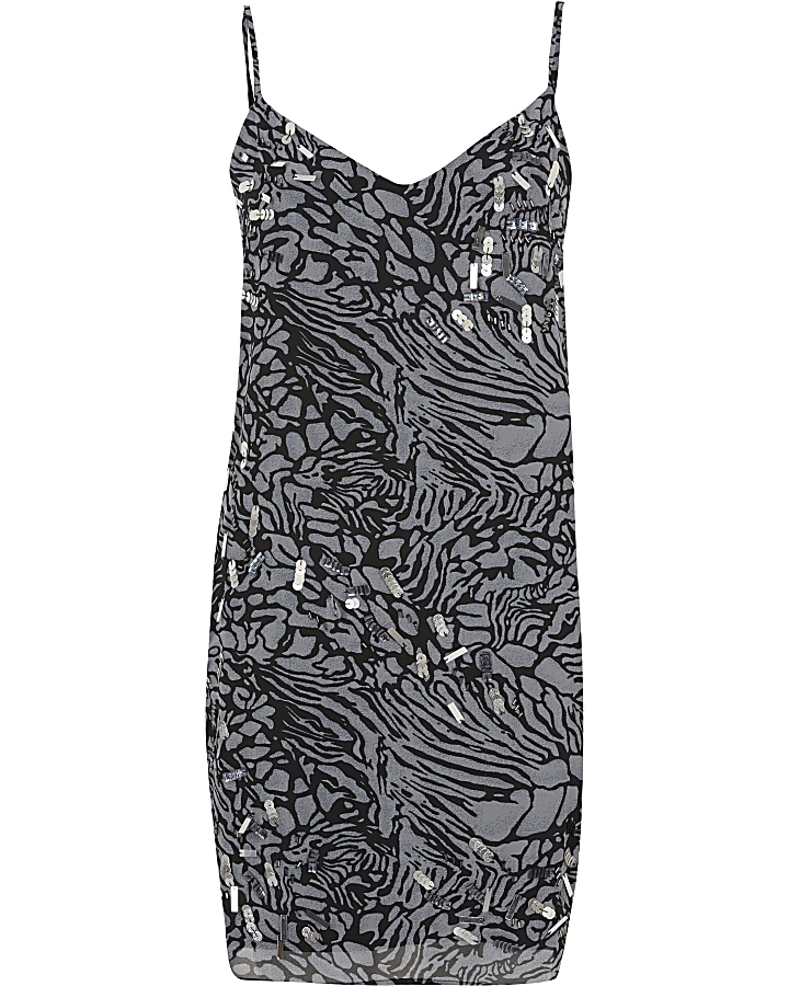 Grey embellished print slip dress