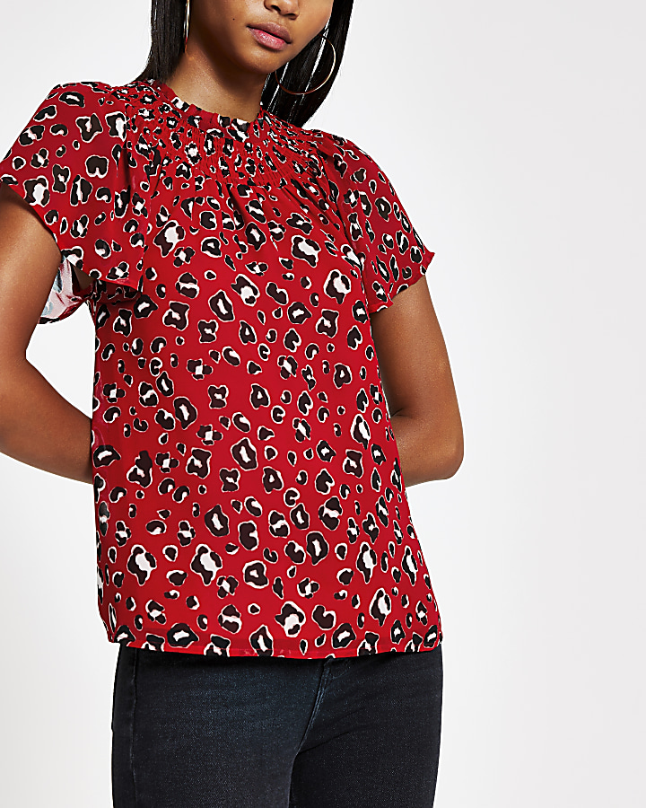 Red jacquard print frill neck shell top