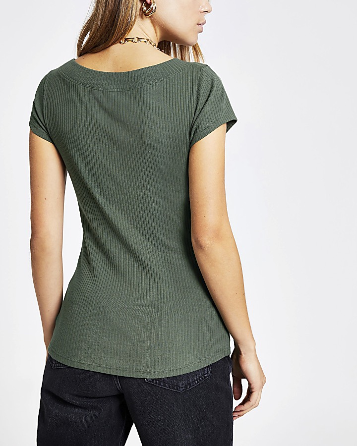 Khaki scoop neck fitted T-shirt