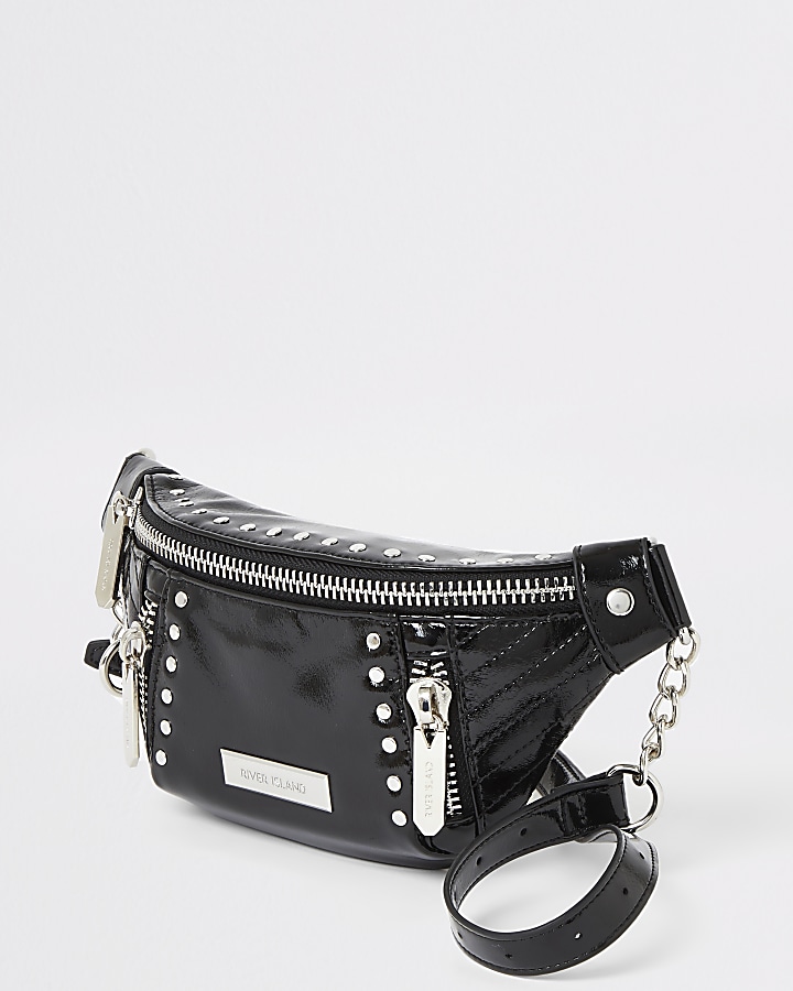 Black patent studded belt bag