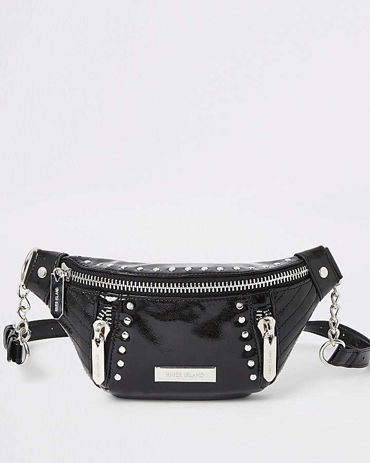 Black patent studded belt bag