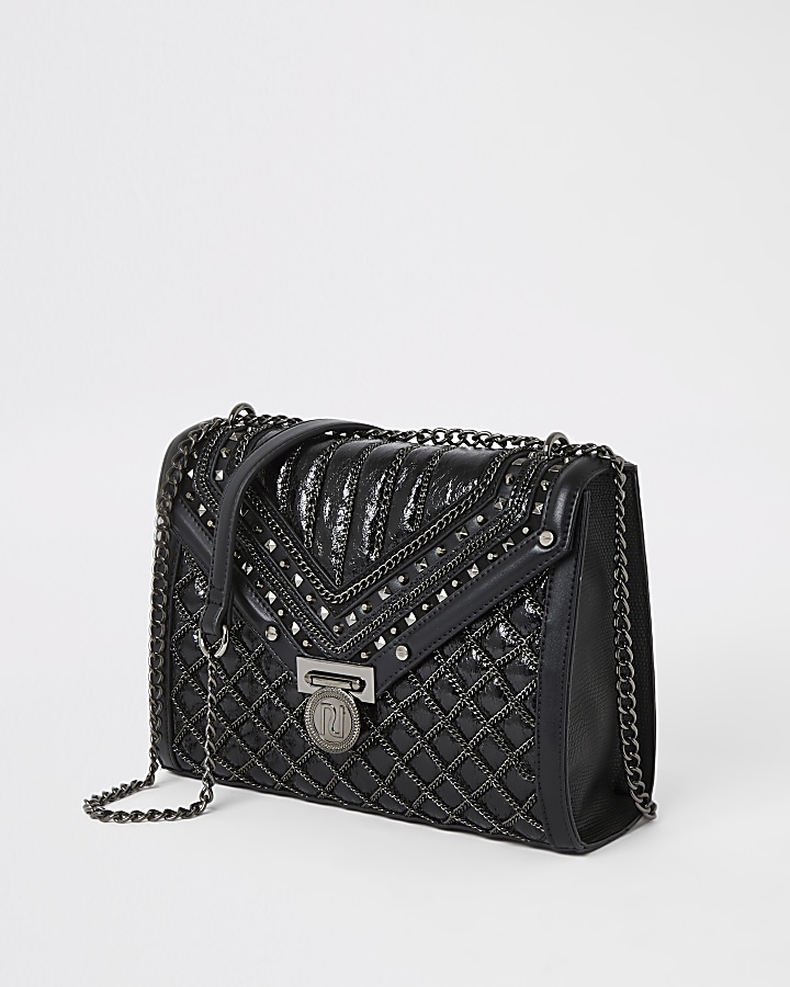 Black quilted stud detail cross body bag