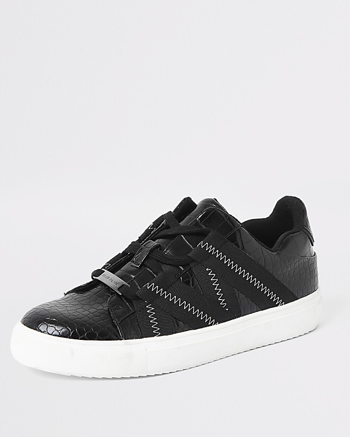 Black croc embossed tape lace-up trainers