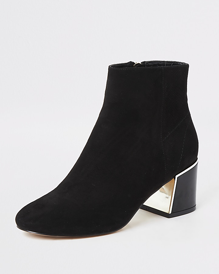 Black faux suede block heel boots