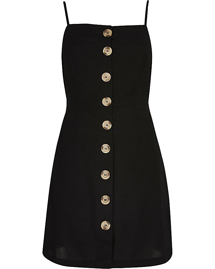 Black button front mini beach dress