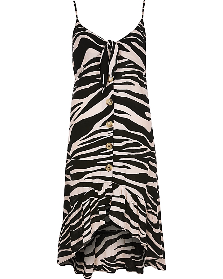 White zebra print button front dress