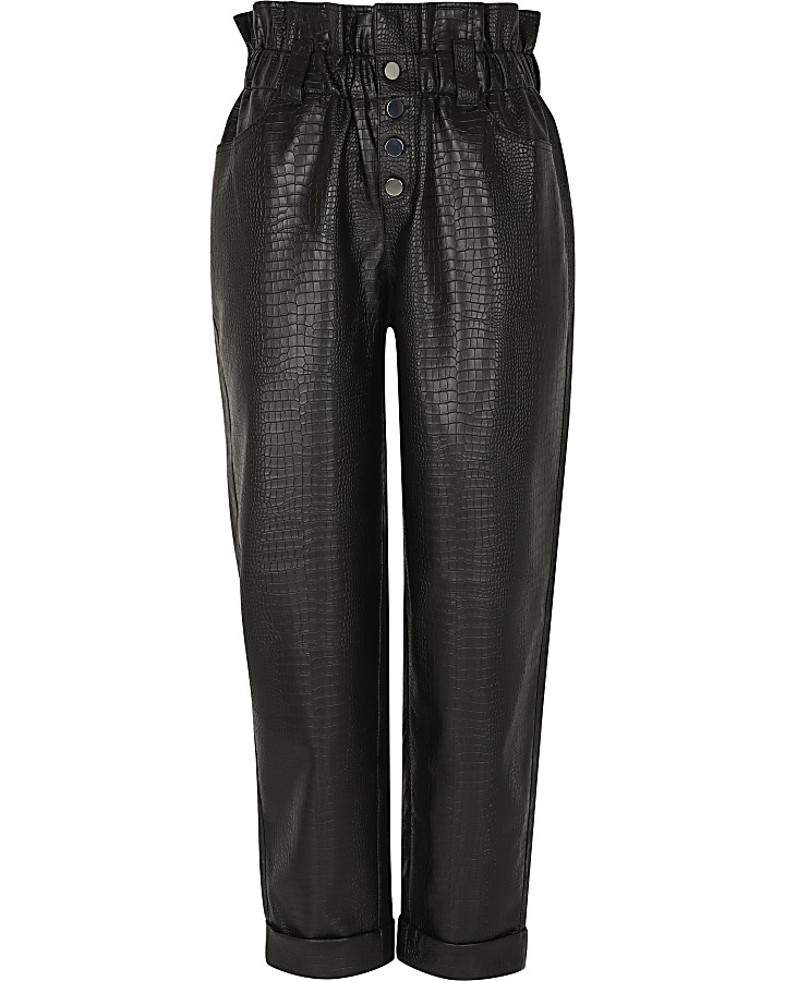 Black croc faux leather peg leg trousers