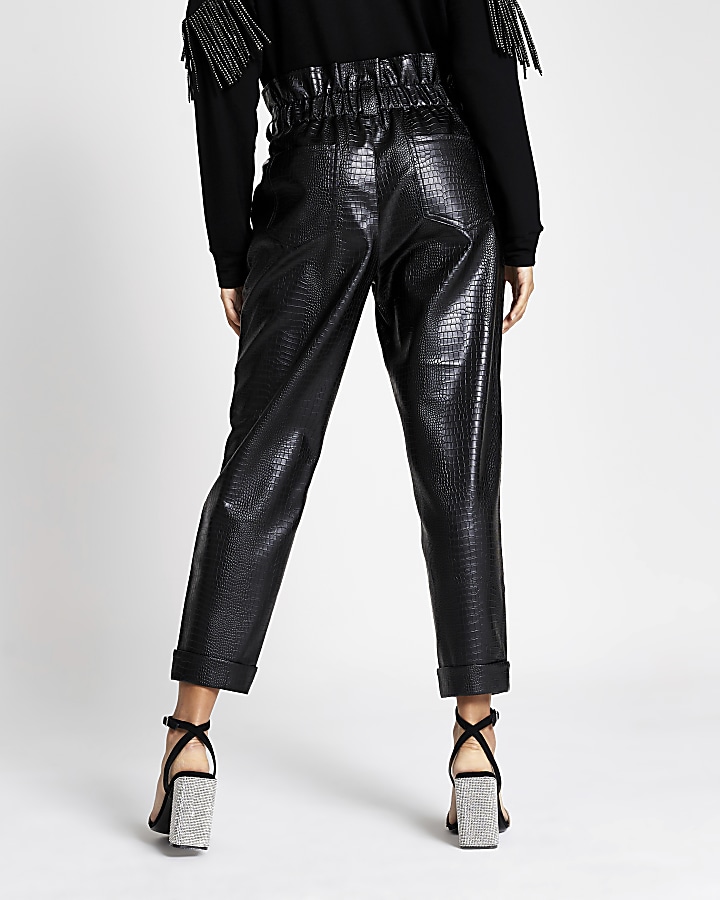 Black croc faux leather peg leg trousers