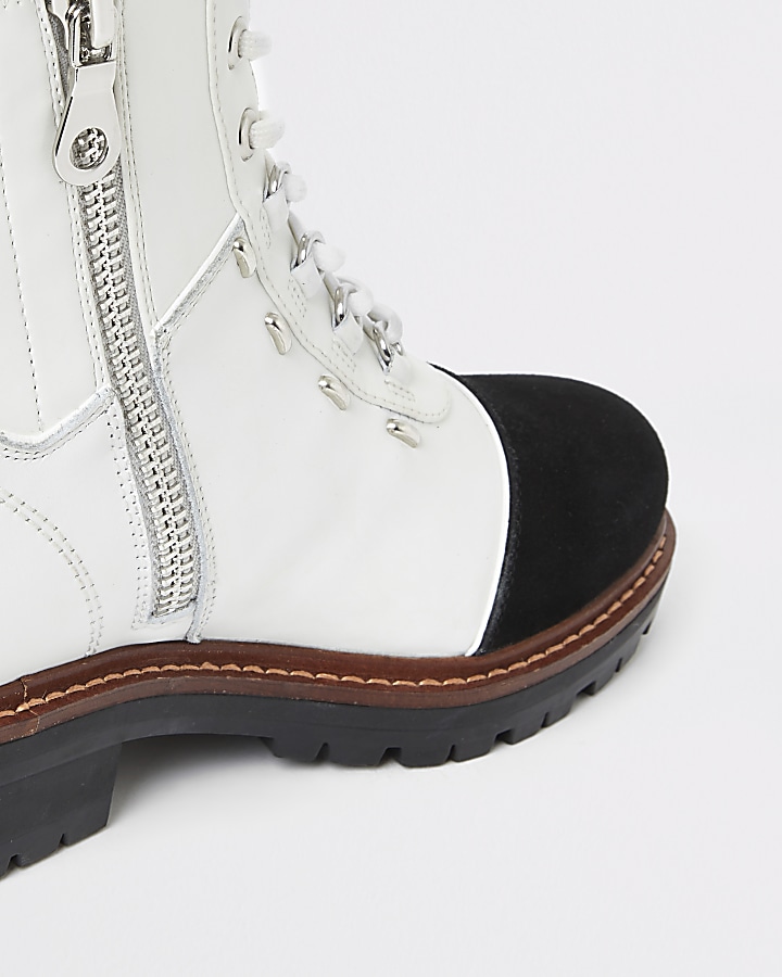 White contrast leather lace-up hiking boots