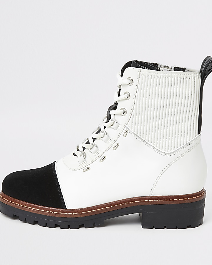 White contrast leather lace-up hiking boots
