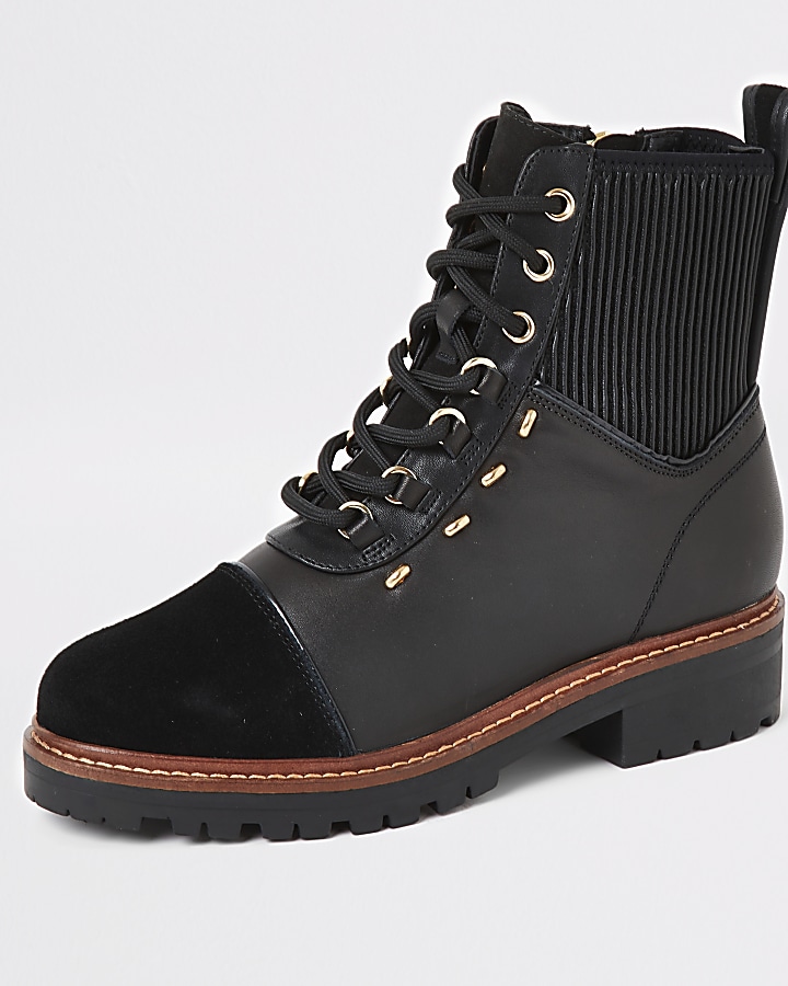 Black leather lace-up hiker boots