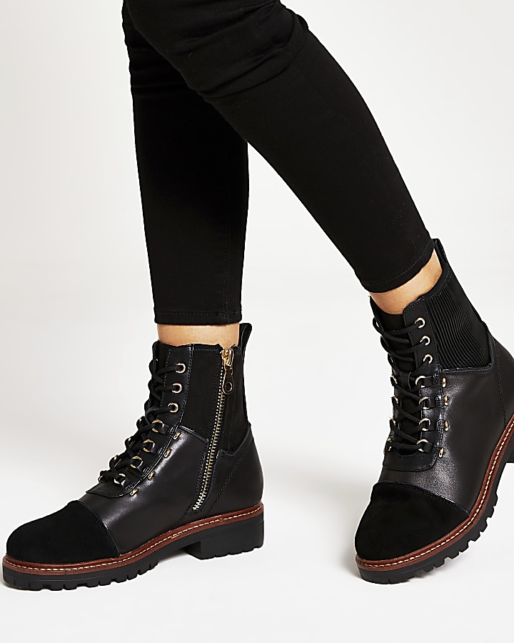 Black leather lace-up hiker boots