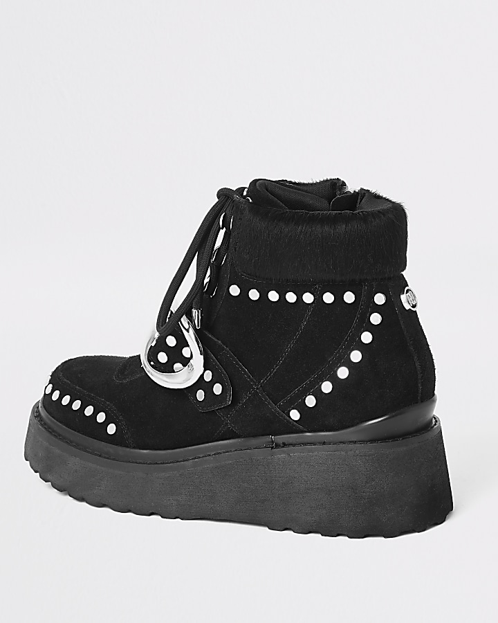 Black suede studded wedge boots