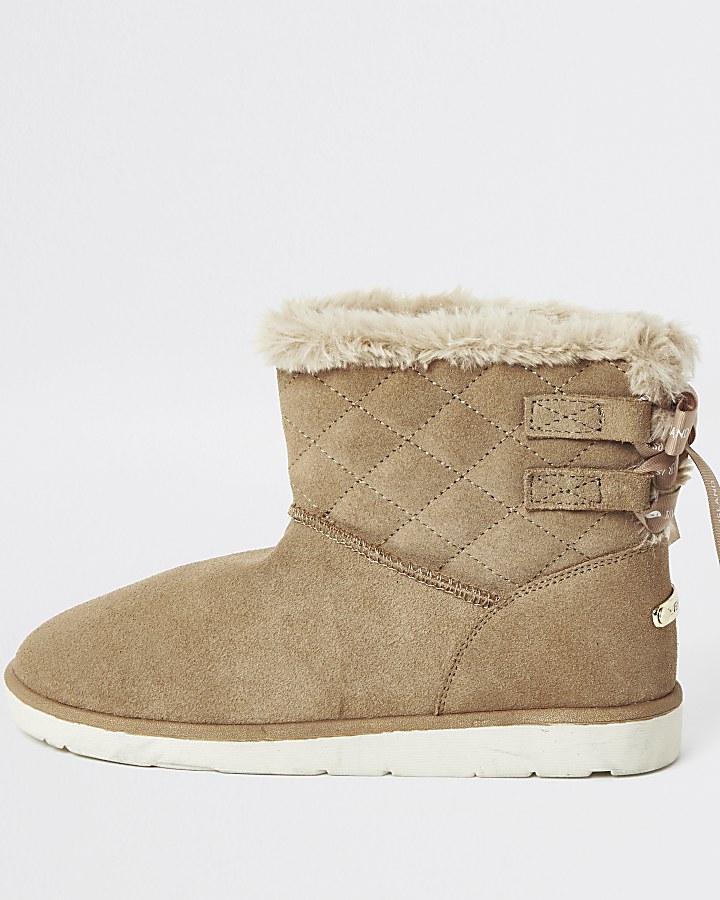 Brown suede quilted faux fur lined boots
