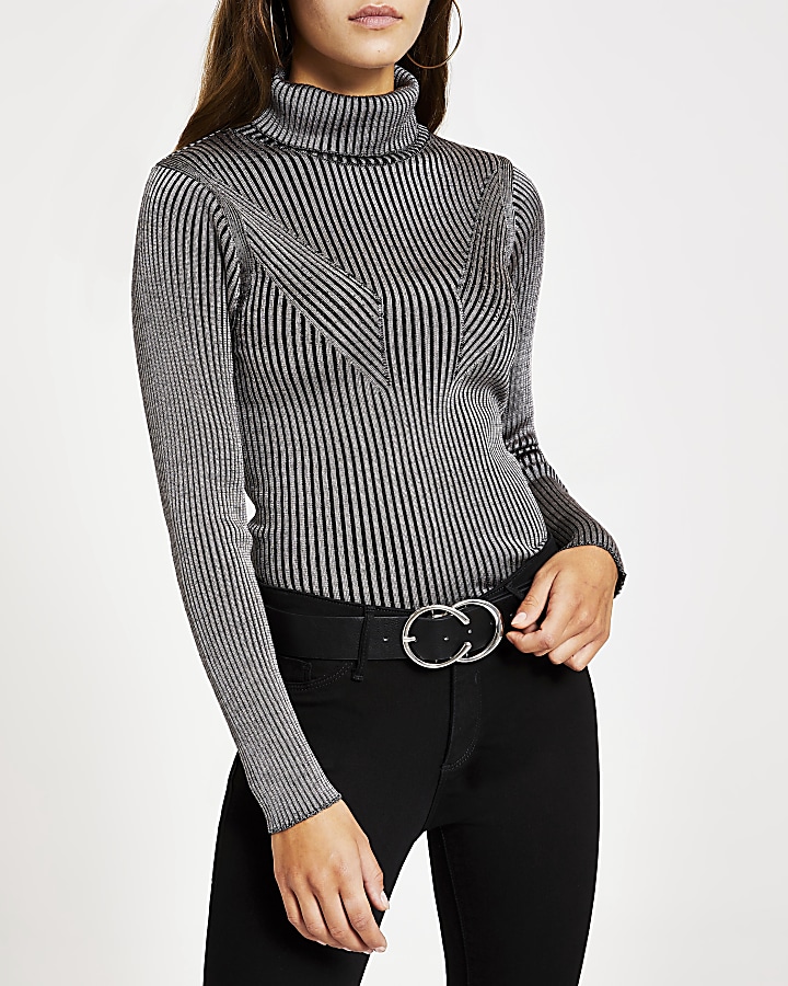 Grey ribbed metallic roll neck knitted jumper