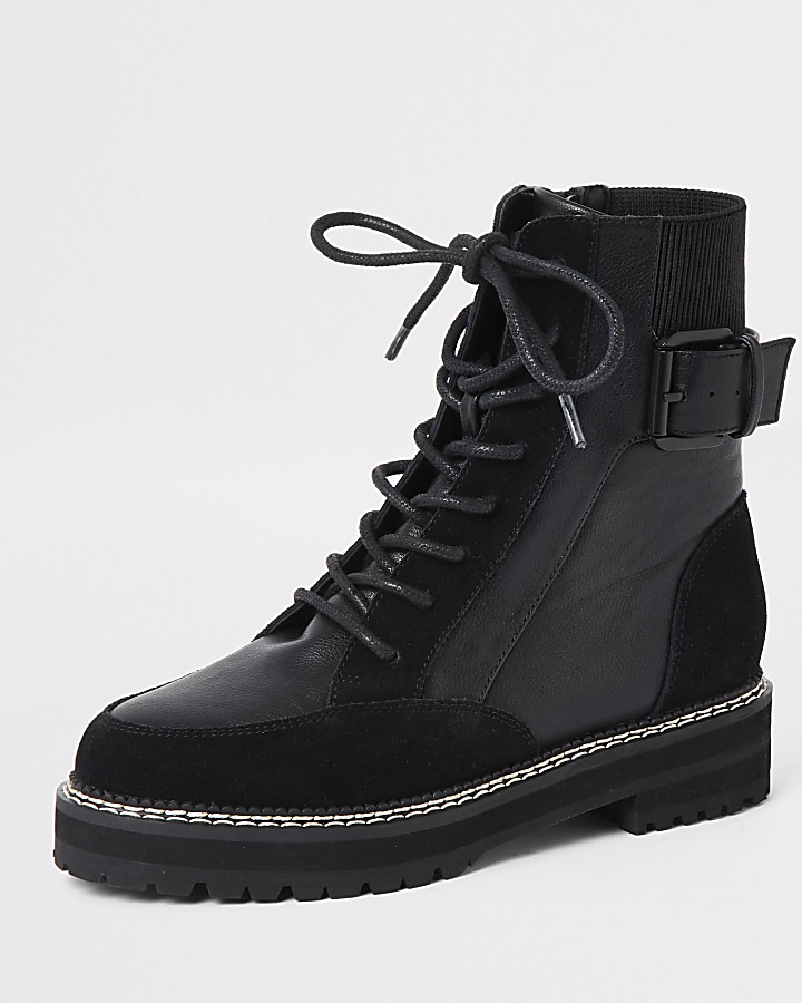 Black suede lace-up chunky biker boots