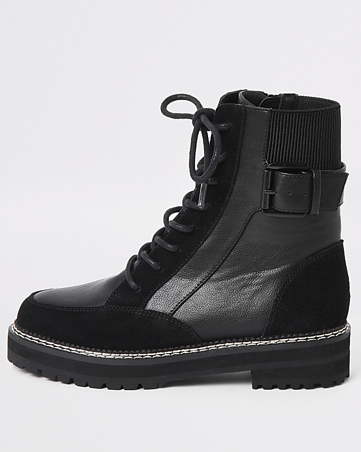 Black suede lace-up chunky biker boots