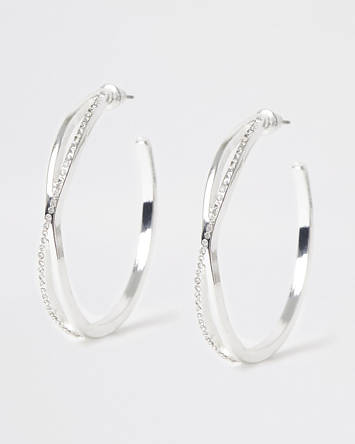 Silver colour twist diamante hoop earrings