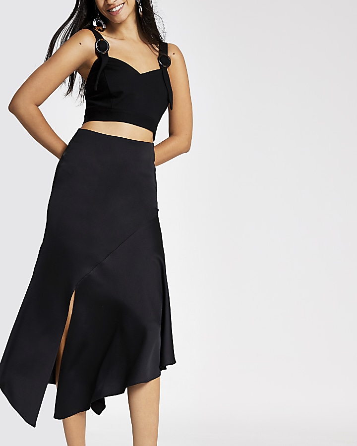 Black asymmetric midi skirt