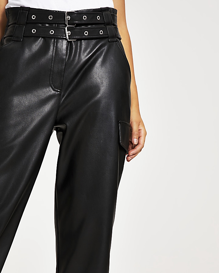 Black belted tapered coated trousers