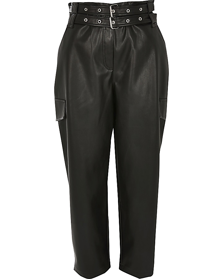 Black belted tapered coated trousers