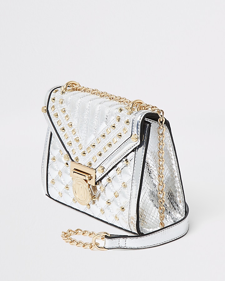 Metallic silver quilted cross body bag