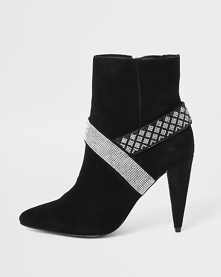 Black suede diamante embellished boots