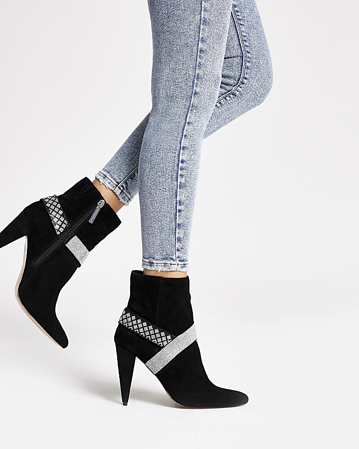 Black suede diamante embellished boots
