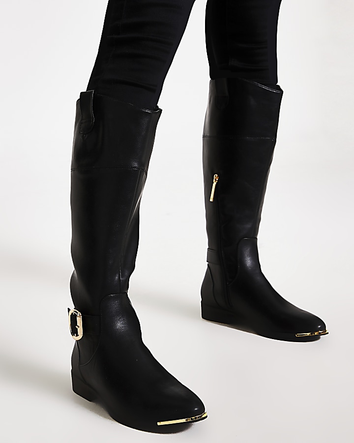 Black buckle knee high boots