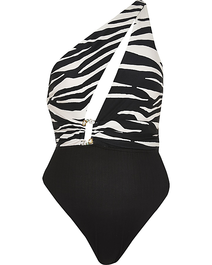 White zebra print one shoulder swimsuit