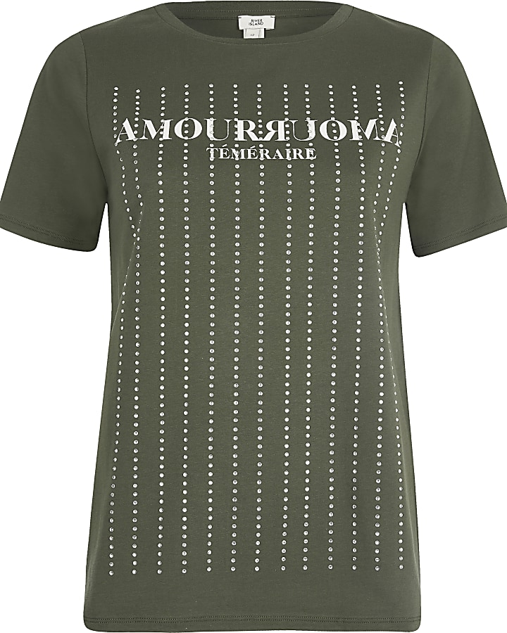 Khaki diamante embellished T-shirt