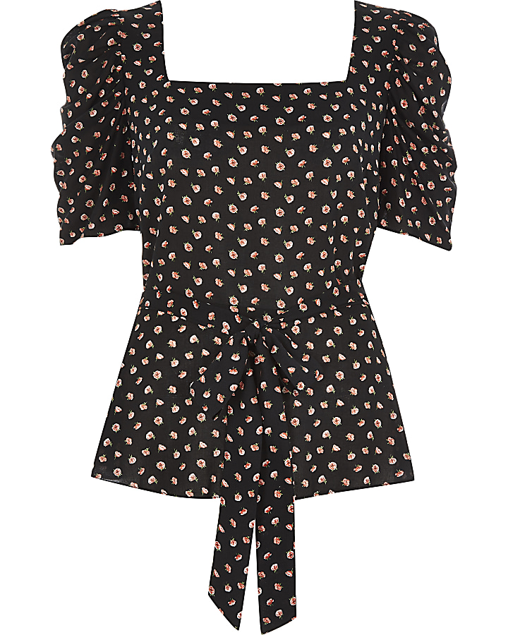 Black ditsy floral puff sleeve top