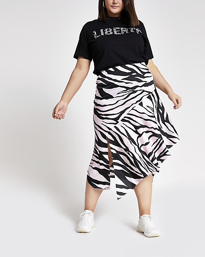 Plus pink zebra print asymmetric midi skirt