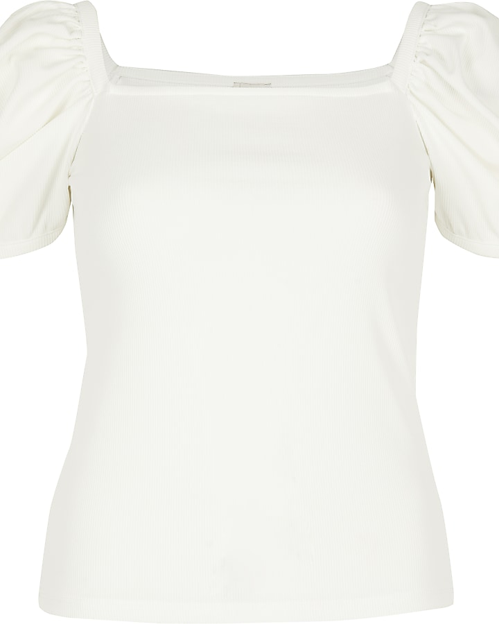 White ribbed puff sleeve T-shirt