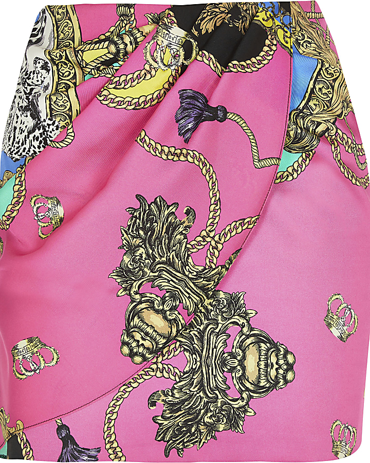 Pink print wrap mini skirt